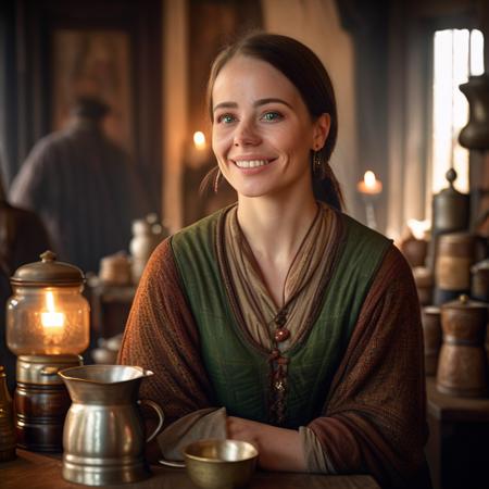 highly detailed documentary photo of vendor (coffee), 


cute face, 1girl, green eyes,  coffee grinder, earrings, freckles, jewelry, lips, short hair, smile, window, steam, ponytail, 


cute face, looking at viewer,

depth of field, blurry background,

medieval store,

masterpiece, best quality:1.1, 

ultra photoreal,
photorealistic:1.0, 
depth of field:1.1, 
(edge lighting:1.2),
(shadow play:1.2),

50mm, style of Nathan Wirth, Hasselblad X1D II, Porta 160,
