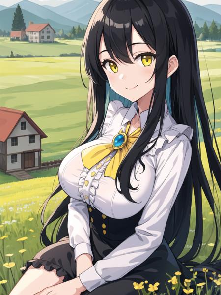 best quality,1girl,meadow,[houses],sitting,large breasts,upper body,frilled shirt,two tone,very long black hair,looking at viewer,yellow brooch,frills,smile