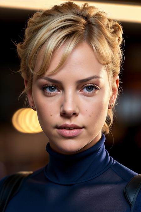 photo of extremely sexy (emb_ctheron:0.99), a woman as a sexy student, closeup portrait upsweep updo, (Cobalt Blue tight long sleeve turtleneck top), at a cantina sitting bar (masterpiece:1.5) (photorealistic:1.1) (bokeh) (best quality) (detailed skin texture pores hairs:1.1) (intricate) (8k) (HDR) (wallpaper) (cinematic lighting) (sharp focus), (eyeliner)