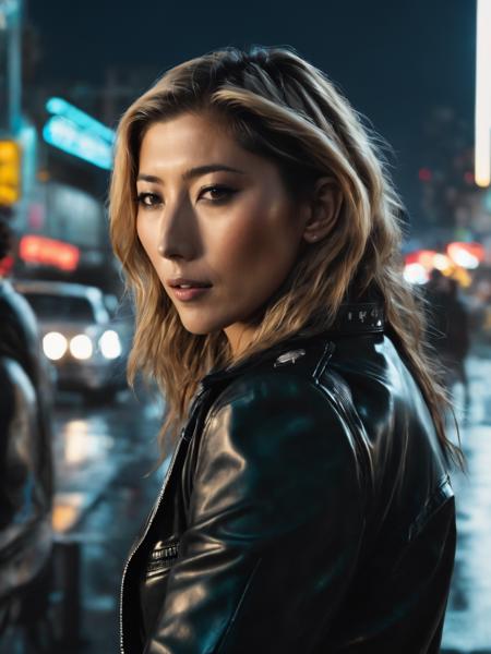 beautiful dichen_lachman as a cyberpunk detective, leather jacket, tank top, (cleavage:0.5), dichen_lachman, (highly detailed:1.2),(best quality:1.2),(8k:1.2),sharp focus,(subsurface scattering:1.1),award-winning photograph,professional portrait photography,(close shot:1.2), rainy futuristic city street at midnight,neon signs,(very detailed background:1.2),(futuristic sci-fi:1.1), analog style, modelshoot style, dramatic lighting, by artgerm wlop annie leibovitz jeffrey simpson jock sturges greg rutkowski, <lora:dichen_lachman_sdxl_2500:0.8>