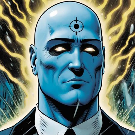 comic book art of Doctor Manhattan <lora:Doctor Manhattan:1.2>
Doctor Manhattan a closeup of a bald man with a blue face and white eyes and a black_tuxedo shouting angry in rain In Watchmen Universe, comic art, graphic novel illustration