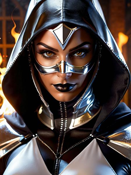 Dark Egyptian fantasy warrior, humanoid female shadow knight, athletic physique, medium breasts, sexy revealing ((white and silver plug suit, black in plug suit)), (fractals:1.2), Venetien style mask, gruesome smile, (burning eyes:1) , (white, silver hooded cloak made out of leather), smoke in background, hiding on house above market, caustics, masterpiece, 32k UHD resolution, best quality, highres, realistic photo, professional photography, cinematic angle, reflection lights, ray tracing, closed up, many details, extreme detailed, full of details, Life-like details, Realistic soft shadows, Low saturation colors, Insane quality, Insane resolution, Insane details, Masterpiece, 32k resolution, Miki Asai Macro photography,
Extremely refined details on objects.
Sharp details.
Wide range of colors. Ray-Tracing, Anti-Aliasing. Realistic soft shadows. Low saturation colors. Insane quality. Insane resolution. Insane details. Masterpiece.
