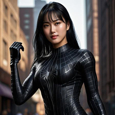 score_9, score_8_up, score_7_up, best quality, realistic, masterpiece, beautiful detail, hyperrealistic, night, ((1girl, woman body, large breast)), amazing detailed full body of a cute korean woman, wearing a realistic and highly detailed black raimi spider-man suit, ((defined muscular girl)), professional model wears ultra - detailed black raimi spider - man suit, ultra - detailed and grained black raimi spiderman suit, suit covered entire body and hand, black spiderman gloves, wet, (light smile, arms up, black hair), close up, octane render, highly detailed, volumetric, dramatic lighting, (highest quality:1.1), (HDR:1.3), (top quality, best quality), realistic, high definition, sharp contrast between light and shadow, athletic and fit physique, highly detailed and accurate portrayal, photorealistic rendering, tense and alert atmosphere cinematic scene, cinematic lighting, intricate detail skin and facial texture, lifelike expression, accurate character design, interesting and complex background details,