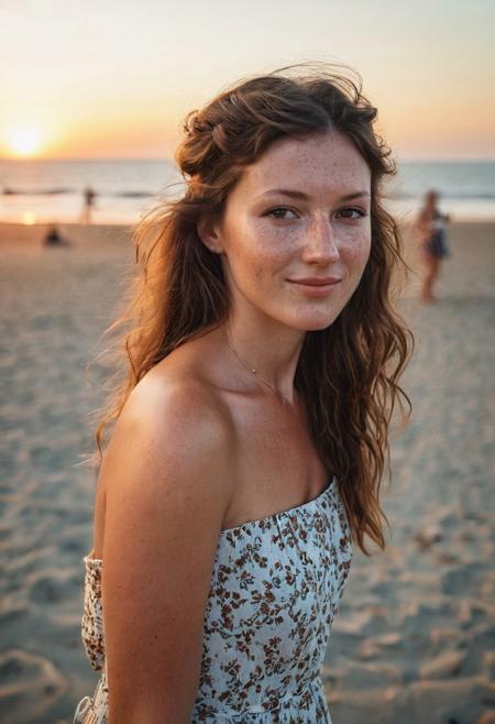 A beautiful 35mm photo of a 30 year old Dutch woman, ((very sexy summer dress with a bare back)), ((full body:1.2)), she has a comely face, shy smile, in love, pale skin, very dark eyes, chocolate brown hair, straight hair, 70's fringe, ponytail, beautiful mouth, long face, narrow chin, freckles on nose, birthmarks on stomach, she is slim, natural tits, perfectly shaped tits, pubic hair, ultra realistic, extremely detailed, highly detailed eyes, realistic eyes, highly detailed skin, realistic skin, on the beach of Domburg in Zeeland, drinking cocktails, drinking through a straw, sitting in a cozy beach bar, sunset, evening, watching the sun go down, beautiful sky, soft natural light, Rembrandt style light, 8k resolution, masterpiece, 35mm, Hasselblad, film grain, (ultra high res:1.2),(photo-realistic:1.3) (skin pores:1.1)
