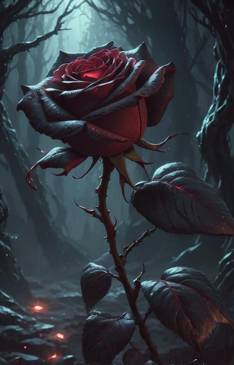 A single black rose with a red center and green stem, surrounded by a dark forest.