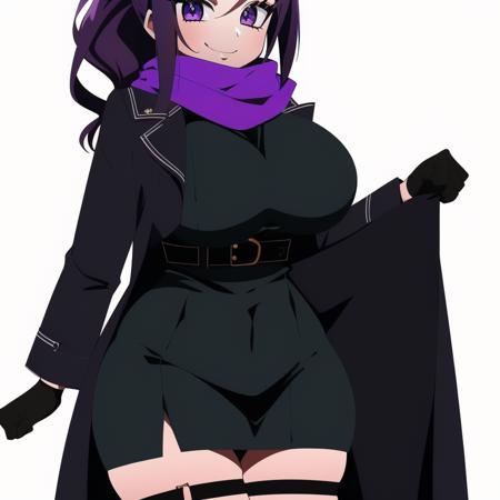 (masterpiece, best quality:1.3), Coffing, Thin Lineart, Cel-Shading, Desaturated Colors, 1girl, solo, looking at viewer, huge breasts, mature female, white background, depth of field, wide hips, thick thighs, sharp focus, purple hair, purple eyes, long hair, smile, cowboy shot, purple scarf, ponytail, gloves, scarf, thigh strap, dress, black gloves, long sleeves, coat, black coat <lora:Coffing Style Lora:.85>