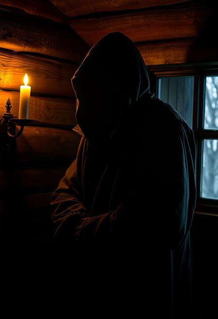 “A shadowy figure lurks in the dimly lit corner of an old wooden cabin, their face partially obscured by a tattered hood. Flickering candlelight casts long, eerie shadows across the rough-hewn walls, highlighting the gleam of watchful eyes. Their posture is tense, hands hidden beneath a weathered cloak, as if concealing something. The air is thick with mystery and unease, the scent of damp wood and aged parchment filling the room. Outside, the wind howls through the trees, masking any whispered secrets they might be keeping.”