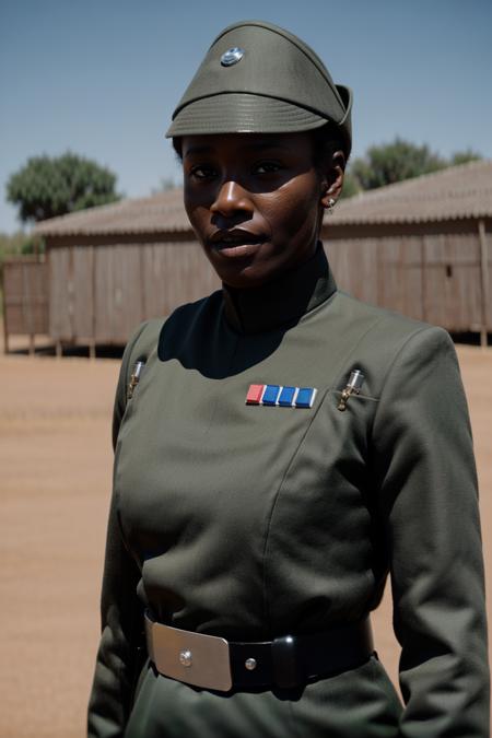 african woman in imperialofficer uniform ,on a dirt field, 8k uhd, dslr, soft lighting, high quality, film grain,masterpiece quality,Fujifilm <lora:ImpofficerV2:0.8>