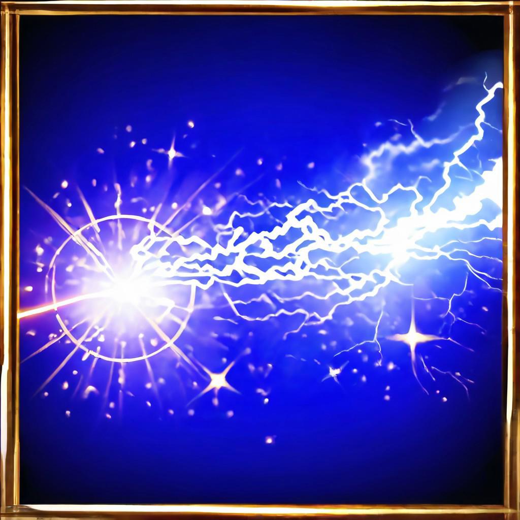 Black to blue gradient background, golden frame, Flying ball lightning, scattering sparks in all directions, sparks, golden stars, magic, casting spell