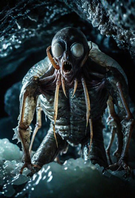 ice cave setting, hybrid beatle man, hairs legs, veins, skin, flash, mucus, insect eggs, slime, membrane, hatch, horror, film grain, strong backlight, grotesque, abomination, screams, fear, extreme detail, realistic photography, movie style portrait, viginette, 8k quality, fair contrast
