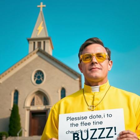 Man wearing yellow tinted glasses and a yellow priest uniform in front of church like building which has a gold lightning bolt symbol on its spire roof, he is wearing golden lightning bolt symbol necklace prominently visible, he is holding sign with text "Please donate to the church of BUZZ!"