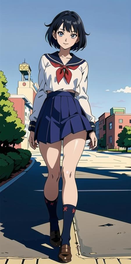 (anime,8k,best quality, masterpiece:1.2),((ultra-detailed,detailed beautiful girl:1.4)),1 girl,full body shot, <lora:Mistoon_Anime school uniform:0.4>Anime school uniform,(face),beautiful eyes,black short hair,smile,slender