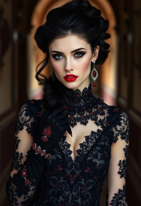 a gorgeous 30 years old caucasian woman, very pale skin, very long black hair in updo with curls hanging down, long black eyelashes, black mascara, black eyeliner defines her beautiful big green eyes, black sparkling smokey eyes eyeshadow, luscious sensual dark red glossy lips, rouge, sexy elegant curves, black vintage lace choker with ruby gemstone embroidery, long black lace gloves with ruby red embroidery, long black vintage lace dress with cleavage and ruby red embroidery, platinum vintage classy earrings with ruby gemstone, looking at viewer sensually and dominantly, Gothic hallway