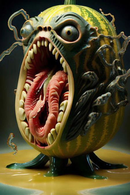 An award winning photograph, a morbidly obese sexy half-watermelon-woman half-octopus crammed into temporal distortion chamber , Polyacrylic resin glossy costume,1970s Brazilian Tropicalia science fiction B-movie, moody cinematic lighting distorted with gravitational lensing, in the style of Fabiana Piccioli