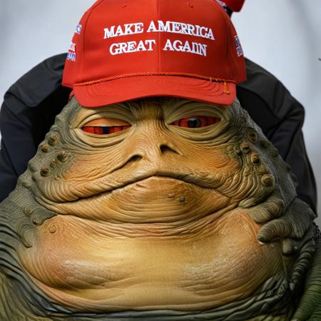 man wearing red maga hat,
Jabba_the_hutt
centered portrait, 
looking at viewer. text "make america great again". epic. highres. detailed. realistic. hat focus. best quality. masterpiece.([:hat with text "make america great again":0.25]:1.1). <lora:maga_hat_optimized:1>