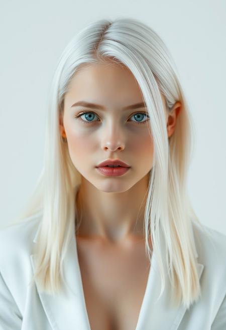 euro-asian Albino girl, albino hair, blue eyes,  naturally beautiful, studio natural makeup, white suit, studio photography style, white background,