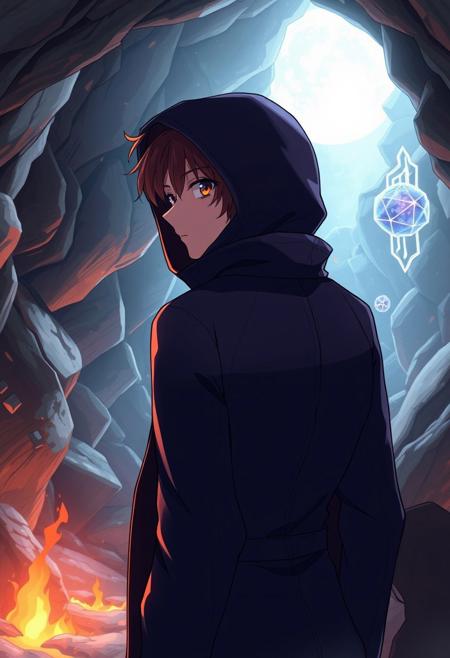 an anime sene of a mastiruse personne side eyes looking to view in cave fire in back wearing a long suit hooding ,