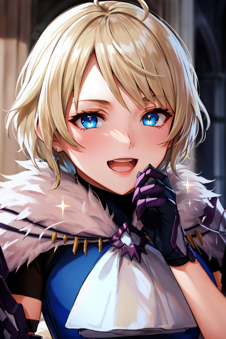 (highly detailed:1.3),
merrin fe, looking at viewer, blush, smile, short hair, open mouth, upper body, ahoge, :d, black gloves, armor, fur trim, ascot, sparkle, clenched hands, fur collar,
Ultra-detail,(highres:1.1),best quality,(masterpiece:1.3),cinematic lighting,
(highly detailed face and eyes:1.3),