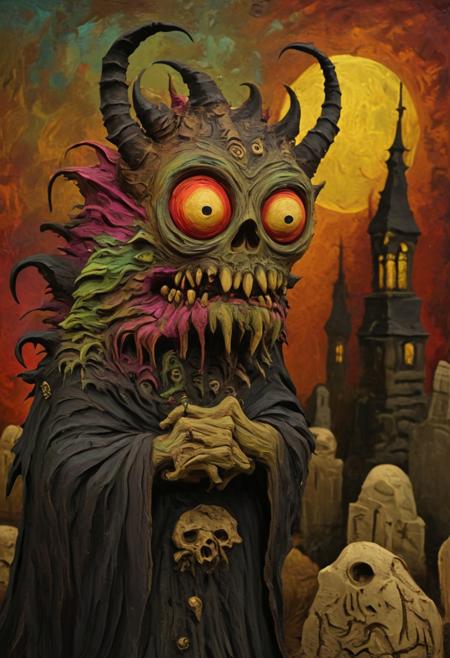 super colorful highly detailed, scary monster made of clay, detailed gothic background, graveyard background,  made of clay, gop, oil painting \(medium\), novuschroma51 style