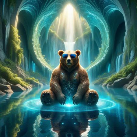asymmetric,  angled cinematic view of (a colossal bear wearing sunglasses) sitting in an organic city rising from a subterranean lake, waterfall, voronoi architecture, suggestive foliage, a weird organic world, fever dream, fantasy setting, sparkle, kwai, comedy, cute, detailed light, complex reflection, cinematic lighting, hard shadows, haze, hazy atmosphere, flowing curves, precision, colorful, fractal geometry, harmonic interference, digital illustration, photo manipulation, altered realities, fantastical scenes, digital artistry, striking visuals, soft focus, detailed background, (masterpiece, best quality, absurdres), tearStyle2