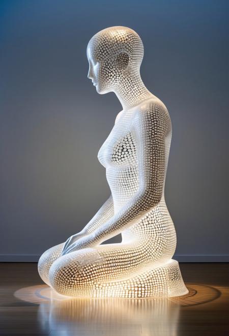 A serene, monumental figure—often a human head or seated body—emerges in a meditative pose, constructed from translucent resin, stainless steel mesh, or typographic elements. The sculpture exudes quiet introspection, its surface etched or layered with letters, poetry, or global alphabets, symbolizing universal communication and the inner self. Light plays a vital role, casting shadows or illuminating the hollow, ghostlike forms to evoke presence and absence simultaneously. The overall mood is contemplative and transcendent, inviting viewers to reflect on identity, language, and the shared human condition.