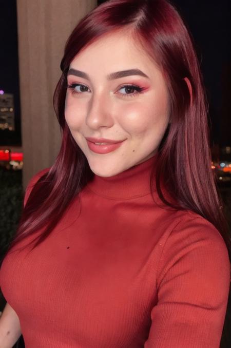 Photo of beautiful d14n4z4mbr0zu5k1 woman smile, detailed face, red turtleneck blouse, makeup, in an event at night