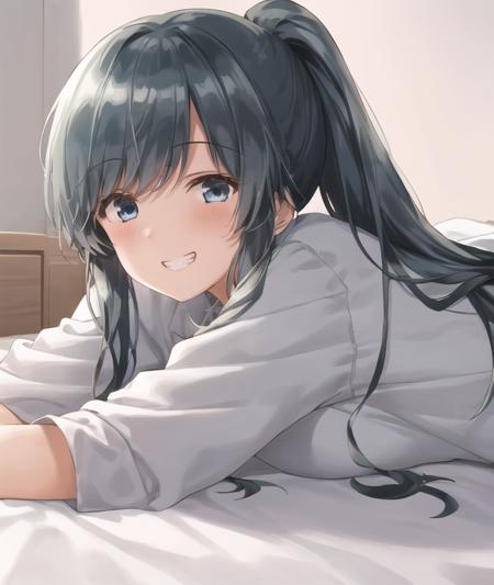 1girl,  <lora:nanami_resize2:0.95>, (nanami minami), ponytail, light blue hair, very long hair, bed, lying on stomach, grin, wide smile <lora:style-kaisen chuui:1>, (extremely detailed CG unity 8k wallpaper), (best quality), (ultra-detailed), (best illustration), (best shadow),