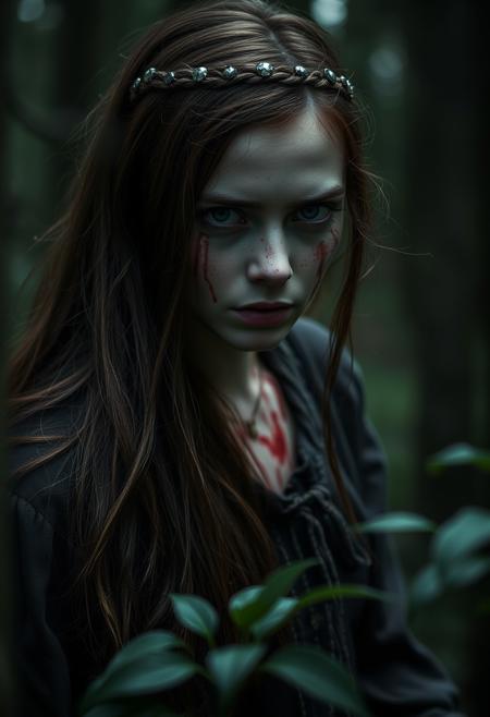 A 35-year-old girl Slavic appearance in the forest uses blood magic, horror, dark forest, controls a large flow of blood, an evil focused look into the frame