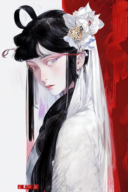 qgufeng, game icon institute, game icon, 1girl, solo, black hair, long hair, paintbrush, multicolored hair, looking at viewer, two-tone hair, black eyes, white background, white hair,full body,<lora:OIL:0.85>  <lora:TCBS:0.5>