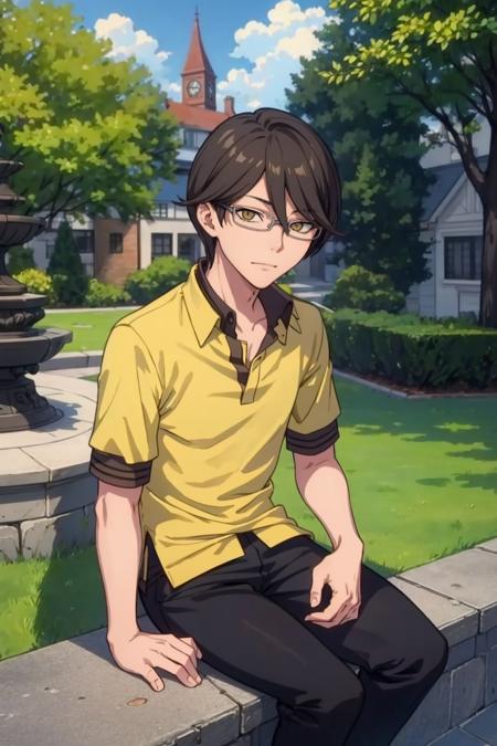 masterpiece, best quality, 1boy,  solo, looking at viewer,   <lora:Keisuke_Fp:1>, keisukedesu, yellow shirt, black pants, glasses, sitting, outdoors,