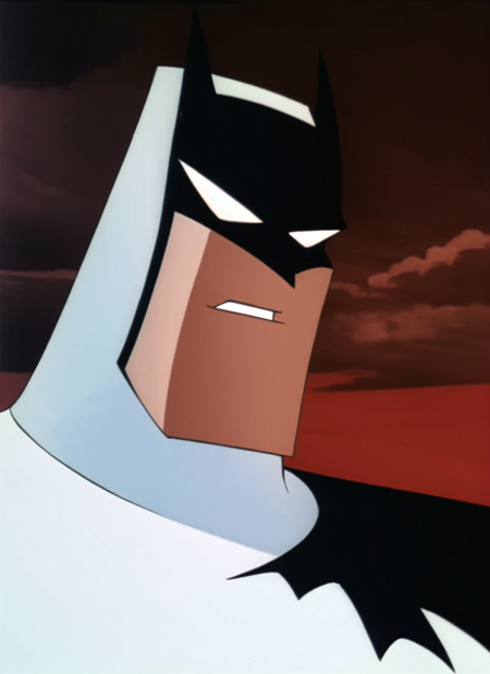 batman adventures, batman, solo, 1boy, male focus, red background, mask, parody, portrait, ((masterpiece)) <lora:batman_adventures_offset:1>