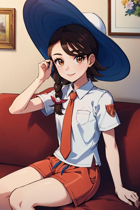 pokemonjuliana single braid, hat, white shirt, orange necktie, short sleeves, orange shorts side ponytail, green shirt, short kimono, short sleeves, green shorts