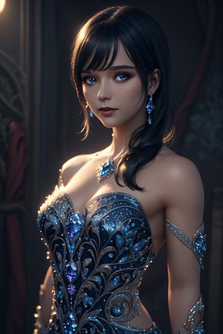 1girl, solo, looking at viewer,  <lora:sapphire-gem-style-darquelilly-v3:1>, sapphiregemstyle,  <lora:louise_brooks_lora:1>, masterpiece,best quality,extremely detailed,fine details,official art,unity 8k wallpaper,4K,8K,UHD, antiBlur,photography, abstract background, (upper body:1.5)
