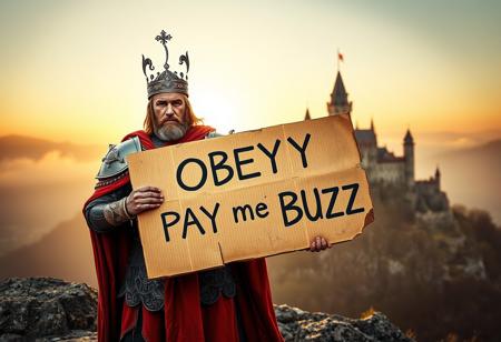 Generate an image of a unique medieval king of Albania standing on a rocky mountain with a majestic castle in the background. The king is dressed in ornate, culturally inspired armor, wearing a crown with ancient symbols, and a flowing red cape. His expression is stern and commanding. He holds a large, weathered cardboard sign that reads “OBEY PAY me BUZZ” in bold, rough letters. The scene is set at dawn, with a misty, golden sunrise casting a mystical light over the king and the landscape, emphasizing the powerful and enigmatic message on the sign.
