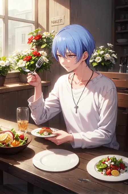 toyakun, solo, shirt, long sleeves, holding, jewelry, sitting, collarbone, white shirt, flower, food, indoors, necklace, cup, chair, table, bottle, knife, white flower, red flower, clothes writing, plate, drinking glass, fork, glass, salad