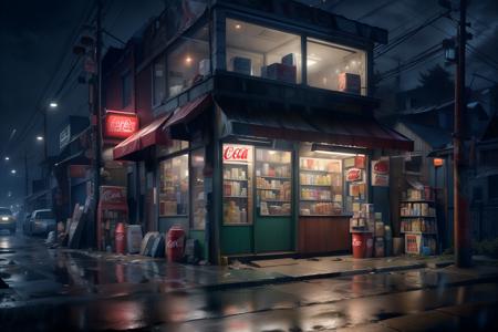 (masterpiece, best quality:1.2), ultra detailed, cinematic lighting, HDR, ilustration, corner store, rain, vending machine, no humans, night, scenery, outdoors, shop, convenience store, road, trash can, street, power lines, building, can, dark, coca-cola, sky, sign, motor vehicle, ground vehicle, utility pole, alley, lamppost, car