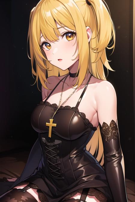 misa amane, long hair, bangs, (brown eyes:1.5), (yellow hair:1.5), blunt bangs, (two side up:1.5), red lips, lipstick, thighhighs, dress, jewelry, collarbone, boots, detached sleeves, choker, black thighhighs, necklace, black footwear, black dress, sleeveless dress, garter straps, black choker, short dress, floral print, cross, red nails, cross necklace,