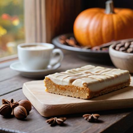 protien bar, food advertisment, shot on dslr, grainny image, pumpkin cozy ambiance, modern fall spa, stone, table, rustic, wood, kitchen, ambient lighting, fall colors, close up macro, window to fall foliage, pumpkin pie protien bar, cinamon sticks, cardamum, fall scene,star anise, advertisment for new flavor of protien bar, poster, steaming cappuccino