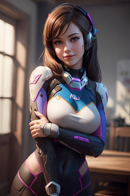 d.va \(overwatch\),  (RAW photo, best quality), (realistic, photo-realistic:1.3), masterpiece, an extremely delicate and beautiful, extremely detailed, CG, unity , 2k wallpaper, Amazing, finely detail, light smile, extremely detailed CG unity 8k wallpaper, huge filesize, ultra-detailed, highres, absurdres, soft light, 1girl,  seductive, upper upper body, perfect lighting, godrays, blurry background, blurry