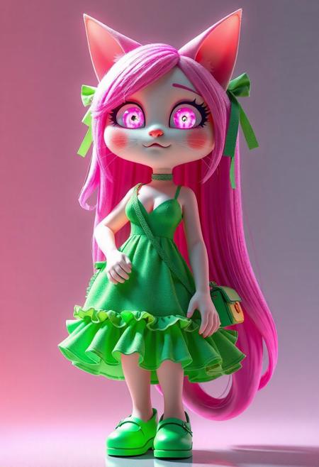 Realistic 3d Pixar , Cat girl with neon pink hair that reaches the floor, sparkling pale pink eyes, voluptious, big boobs, wearing a short, slutty, green sundress with a ridiculous amount of frilly ruffles on the hem, cleavage, cute face, ribbons in hair, green Mary Jane shoes, green cross body purse,  glow, god rays, ethereal, dreamy, heavenly, otherworldly, dream-like, breathtaking, captivating, divine, Bioluminescent, realistic 3d, hd 4k 8k high definition best quality