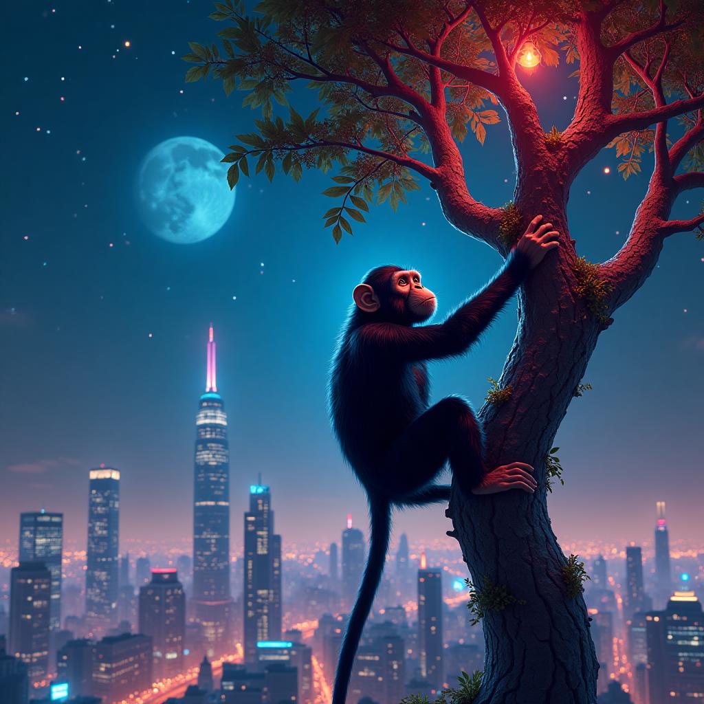 A monkey climbing a futuristic metal tree, with neon leaves glowing against a starry sky in a cyberpunk cityscape