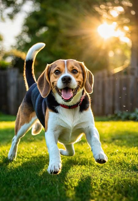 Beagle dog, 
mid-tumble over a well-worn football, 
tongue lolling out in a wide grin, 
evening golden light casting elongated shadows, 
playful scene unfolding in a lush, 
green backyard, 
focus on gleeful expression, 
fur texture detailed, 
dynamic motion blur emphasizing playfulness, 
shallow depth of field with bokeh effect in background, 
sun flare, 
digital painting, 
vibrant color palette, 
high resolution.