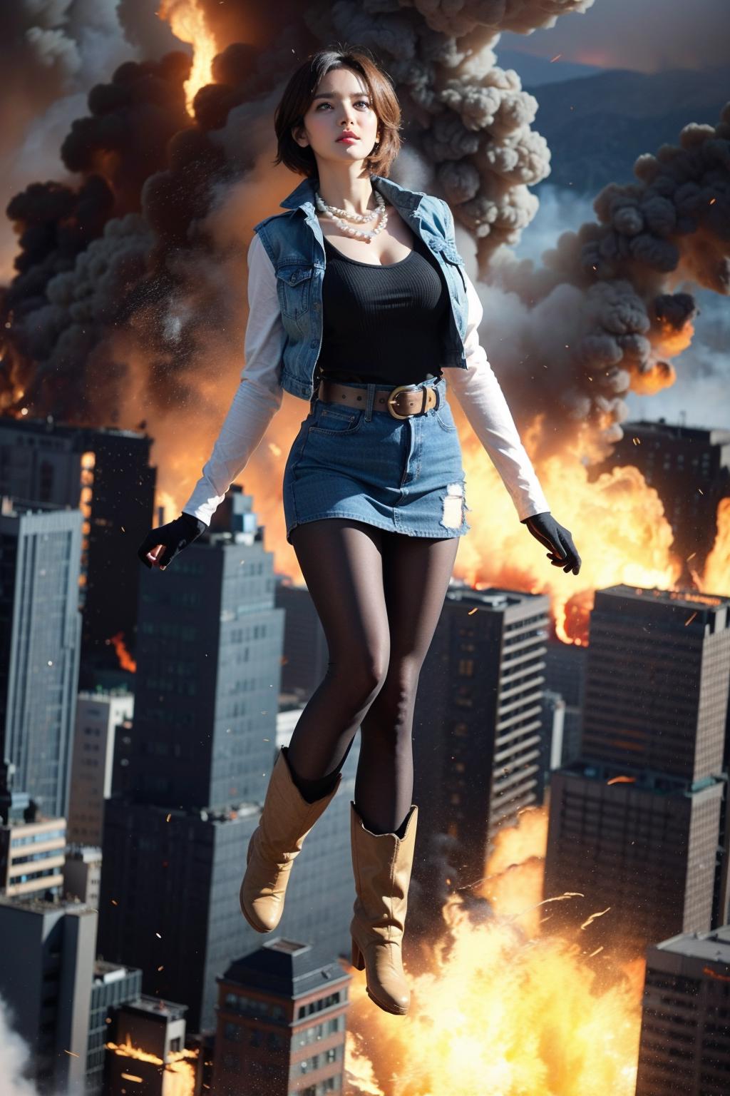 1girl,masterpiece,best quality,intricate details,
BREAK
(green eye, short gold hair, pearl necklace, blue denim Vest jacket and miniskirt, white shirt, black pantyhose and gloves and belt, brone boots,medium breasts,cleavage),
BREAK
Android_18_DB, (up city on fire:1.35),
BREAK
cinematic,film still of Cinematic Film stock footage in (arri alexa style) Kodak film print,Cinematic Film Style, shallow depth of field, vignette, highly detailed, high budget, bokeh, cinemascope, moody, epic, gorgeous, film grain, grainy