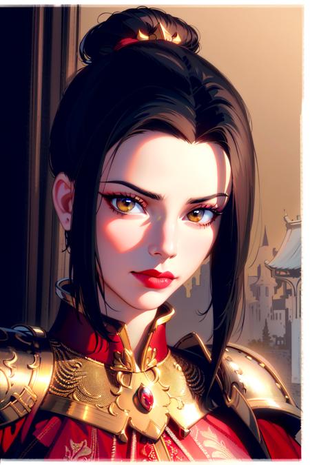 ultra realistic 8k cg, masterpiece, ((ultra detailed background, delicate pattern, intricate detail, highly detailed, fine details best quality, hyperdetailed face)), (photorealistic:1.4),beautiful lighting, absurdres, RAW photo, film grain, Azula, 1girl, solo, black hair, brown eyes, makeup, lipstick, red lips, single hair bun, navel, sidelocks, hair ornament, ((medium breasts, slim girl)), ((armor, chinese clothes, capelet, boots)), ((complex detailed background, inside, dim lighting, moody lighting, inside castle, castle wall, inside, medieval castle environment)), ((close-up, portrait)),  <lora:Azula:0.7>