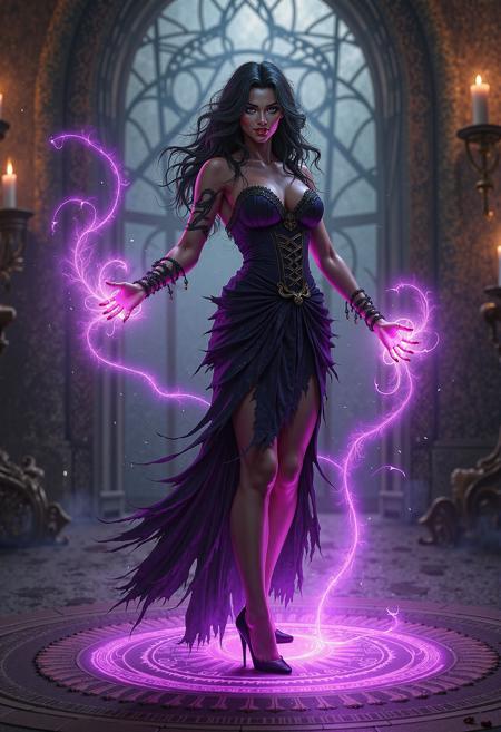 (Dark Fantasy Art:2.0), curvy witch with evil grin casting curse in darkness, thin waist, glowing magic spell is  spreading out like a transparent violet mist with green sparks ready to engulf the viewer, magic runic circle on ground, violet lighting with green sparks in hands, surging power, dim candle light in background, highly detailed, intricate details, perfect features, indoors,( dark, moody:1.5), (dark fantasy style:2.5), high heel legwear,