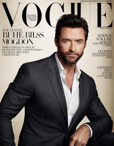 medium shot, photorealistic, hugh jackman on the cover of (vogue:1.2) magazine, cinematic lighting, dynamic pose, text