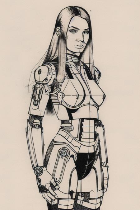 a drawing of model cyborg girl <lora:T3chDr4w_v2:1>