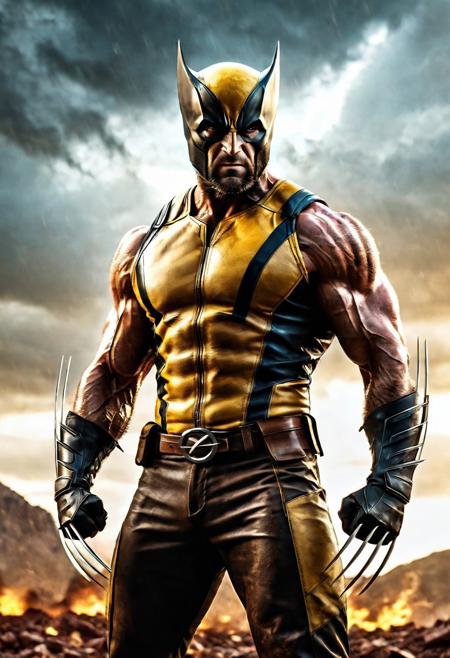 High resolution ultra-realistic of Beautiful Wolverine/Logan, cinematic lighting, Marvel style, Wolverine stand side by side in battle pose on a bloody and stormy battlefield, 8k, realistic modern Wolverine X-Men yellow and black combat costume, gazing straight ahead, dirty face, realistic brown eyes, full body, ultra realistic, cinematic style, athletic figure, day lighting, sharp focus, digital painting, Photograph Taken on Nikon D750, Alphonse Mucha, Hyperdetailed, hyperrealism, aesthetics reminiscent of X-Men, Attractive, asymmetric balance