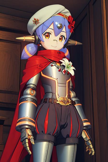 hanajscloth,1girl,robot,robot joints,robot spikes ears,bandaid on nose,short low twintails,blue hair,purple hair,orange eyes,game3d style||white beret,hair red bow,red torn cape,white chest lily (flower),armor with orange trim,golden brown belt,black puffy shorts, hanajsnak,1girl,robot,robot joints,robot spikes ears,bandaid on nose,short low twintails,blue hair,purple hair,orange eyes,game3d style,||robot body with orange trim,