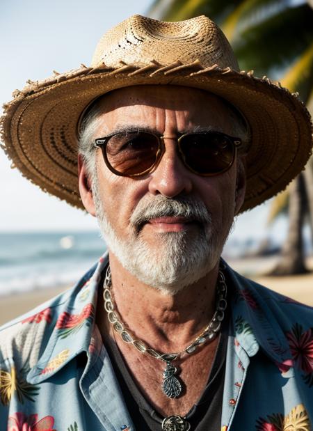 (  <lora:ChristopherLeeOld:.9>) Portrait photo of (clo1) a man with grey hair,  Detailed face, (perfect eyes), (realistic matte skin:1.1), perfect body, wearing ((Hawaiian Shirt, Straw Hat, Flip-Flops, Funky Sunglasses, Beachcomber Necklace)), Modelshoot style, Professional Photography, soft lighting, PHOTOREALISTIC, Realistic, standing in dark studio background, blurred background, volumetric fog,. RAW, analog style, sharp focus, 8k, HD, DSLR, high quality, Fujifilm XT3, film grain, award winning, masterpiece,